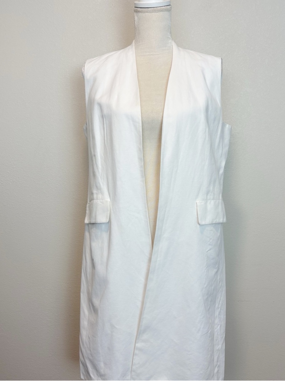 Lafayette 148 Sleeveless Open Front White Long Vest Cotton Linen Blend